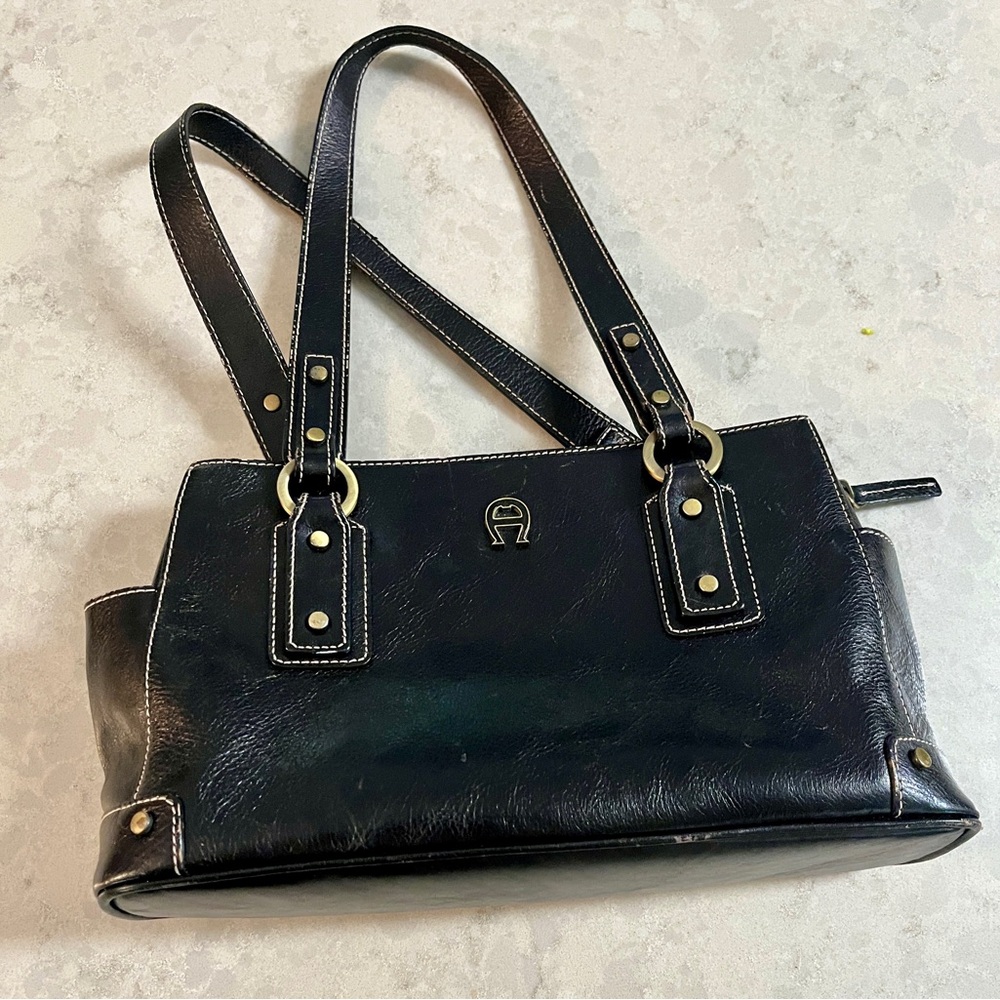 Etienne Aigner Vintage Black Leather Multicompartment Shoulder Bag
